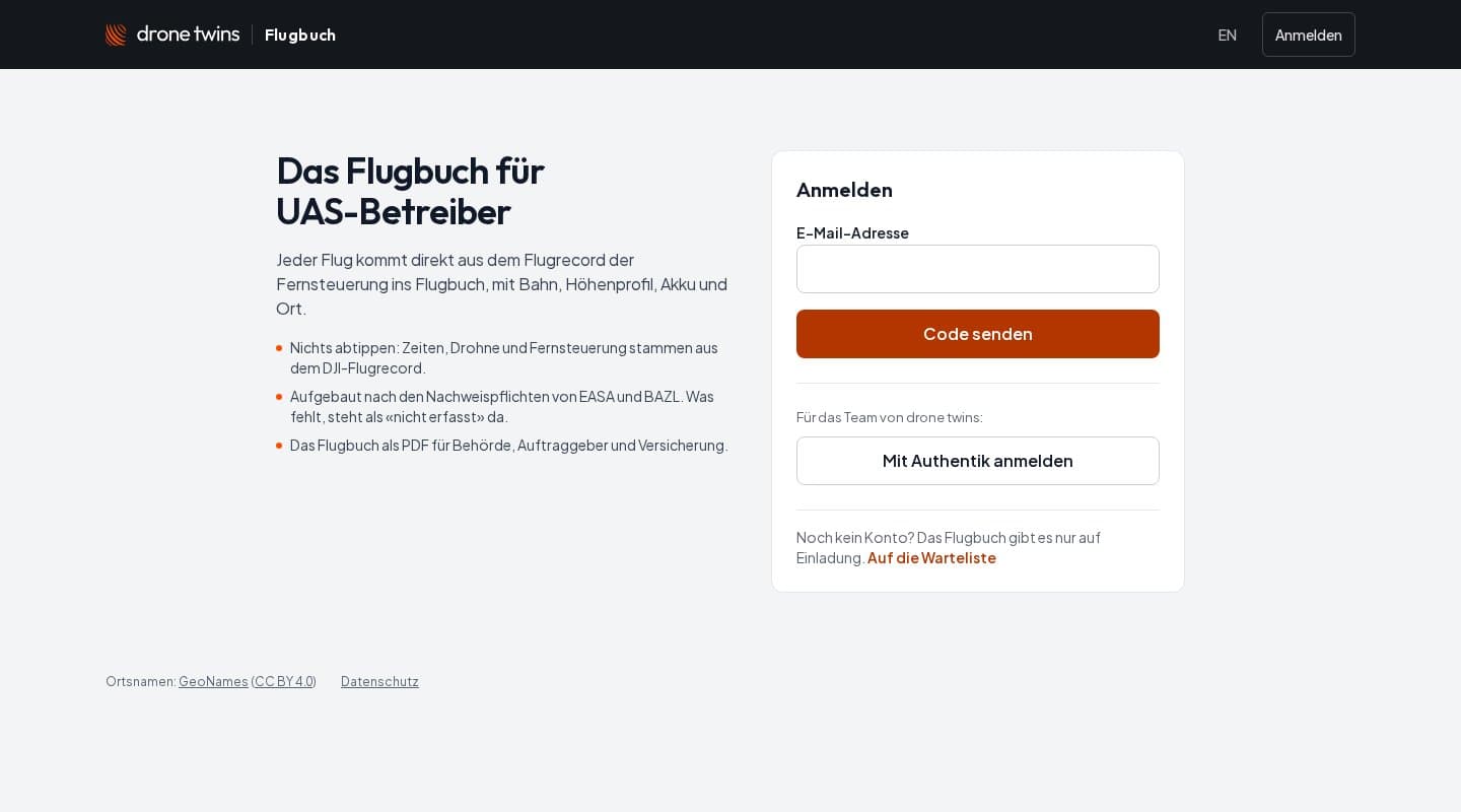 Anmeldeseite des Flugbuchs mit E-Mail-Feld
